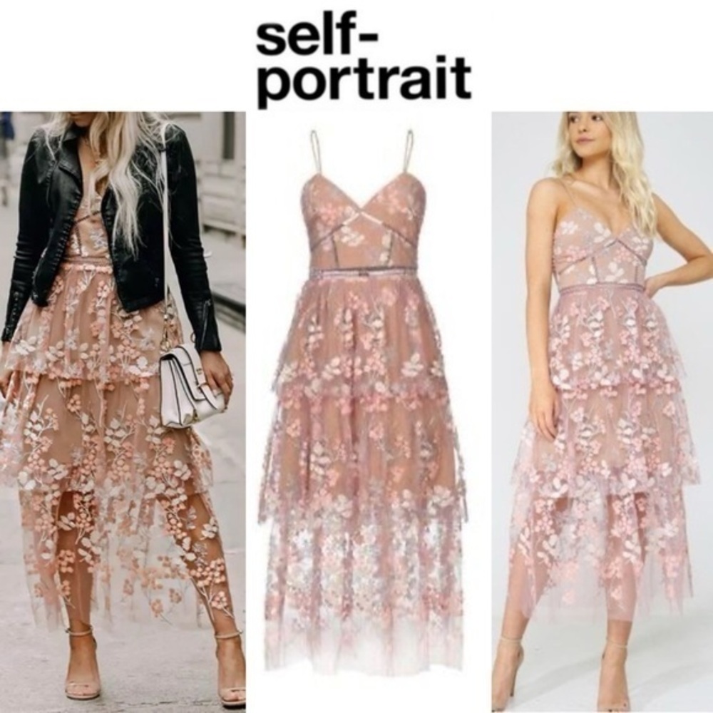Self-Portrait Mesh Floral-Embellished Tiered Midi Dress  Dusty Pink sz 6 540$